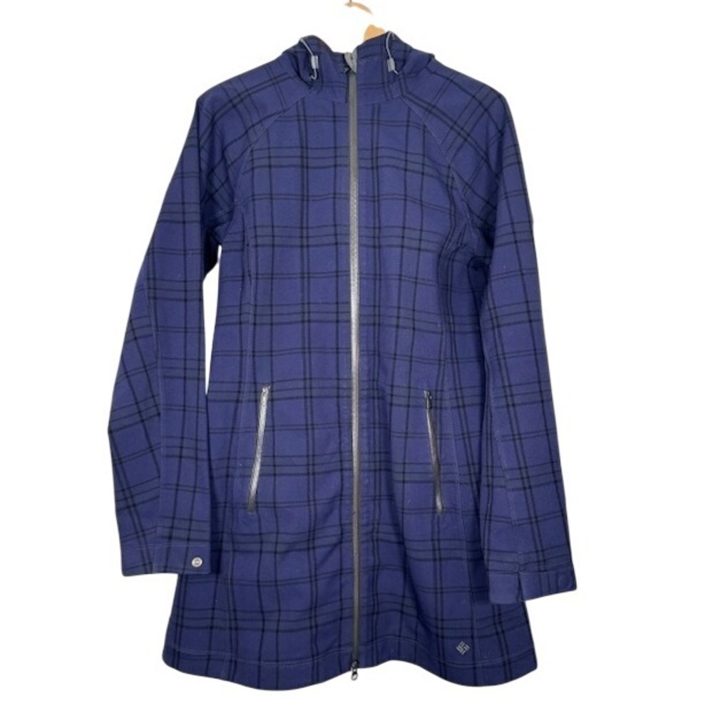 Columbia‎ Women's Plaid Hooded Softshell Jacket Thermal Omni Heat Blue Black -M
